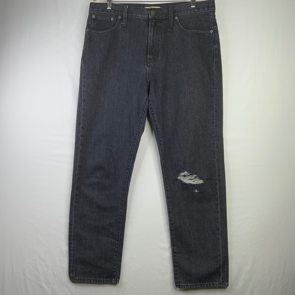 Madewell High Rise Straight Leg Jeans Faded Black Distressed Knee Size 32